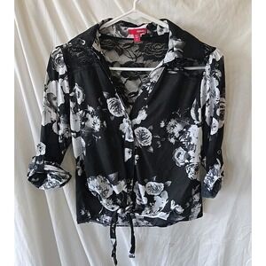 Bongo Black/white Floral Front Tie Blouse Top W/shear Rose Shoulder & back M Y2K
